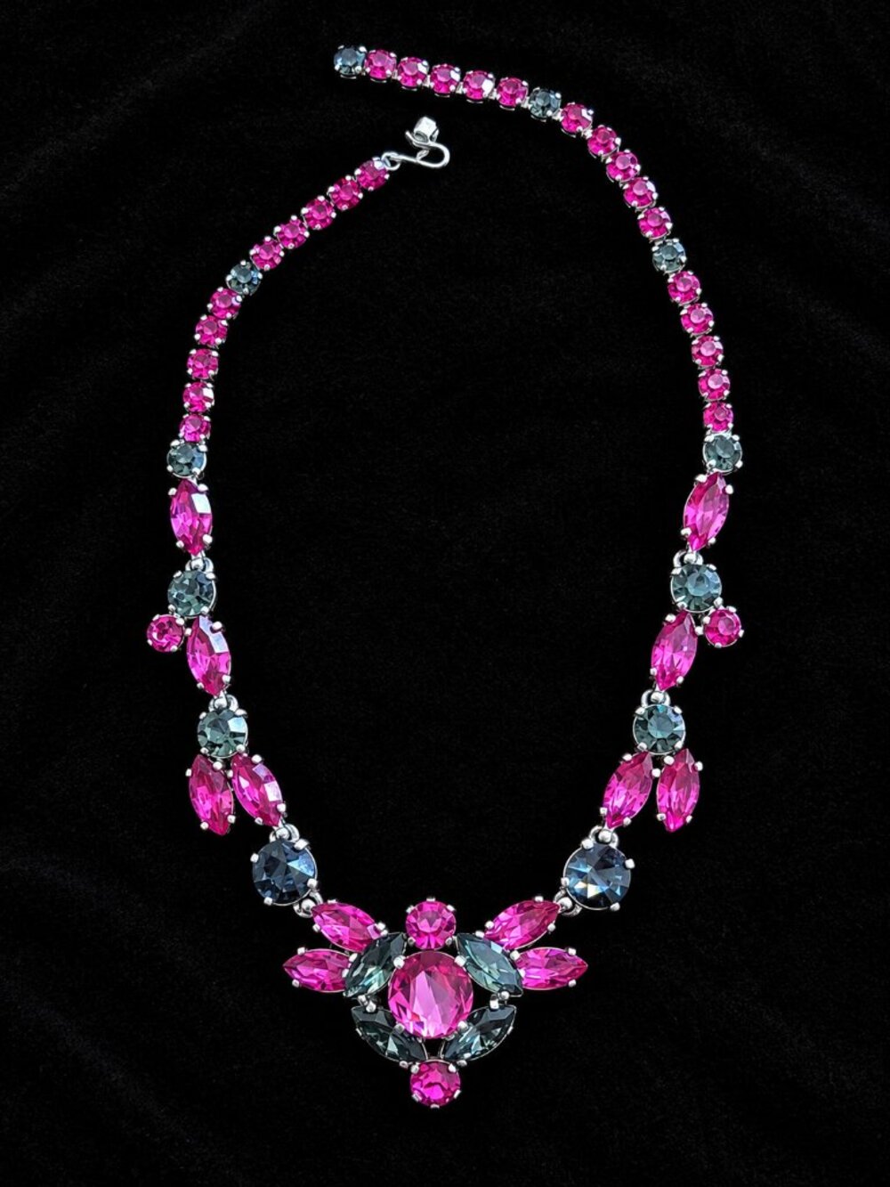 Vintage Pink Slate Gray Rhinestone Statement Bib Necklace Silver Tone Floral